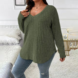 Womens Long Sleeve V Neck Solid Knit Pullover