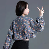 Women's Vintage Floral Long Sleeve Crop Denim Jacket