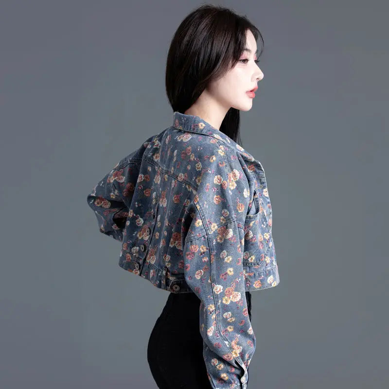 Women's Vintage Floral Long Sleeve Crop Denim Jacket