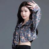 Women's Vintage Floral Long Sleeve Crop Denim Jacket