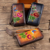 Women‘s Vintage Wallet Long Leather Money Clip Casual Top Layer Cowhide Handbag Mobile Case Women Money Bag Floral Pattern