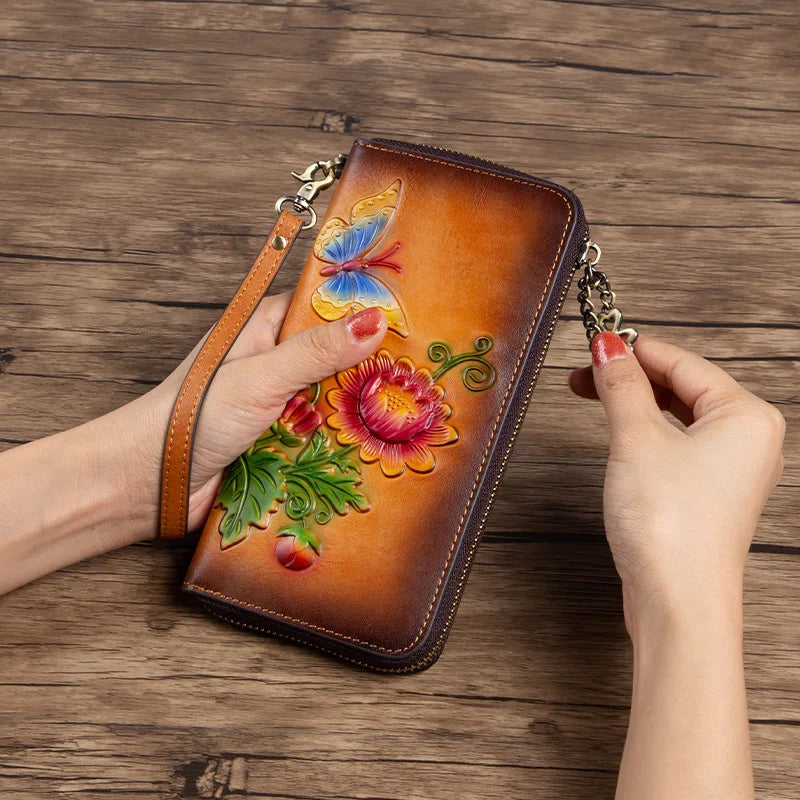 Women‘s Vintage Wallet Long Leather Money Clip Casual Top Layer Cowhide Handbag Mobile Case Women Money Bag Floral Pattern