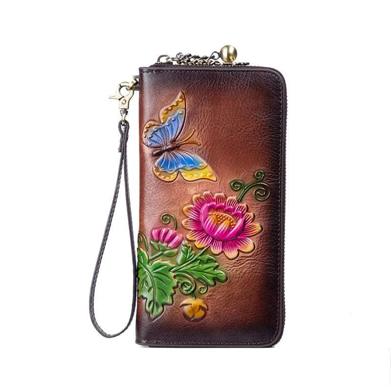 Women‘s Vintage Wallet Long Leather Money Clip Casual Top Layer Cowhide Handbag Mobile Case Women Money Bag Floral Pattern