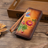 Women‘s Vintage Wallet Long Leather Money Clip Casual Top Layer Cowhide Handbag Mobile Case Women Money Bag Floral Pattern