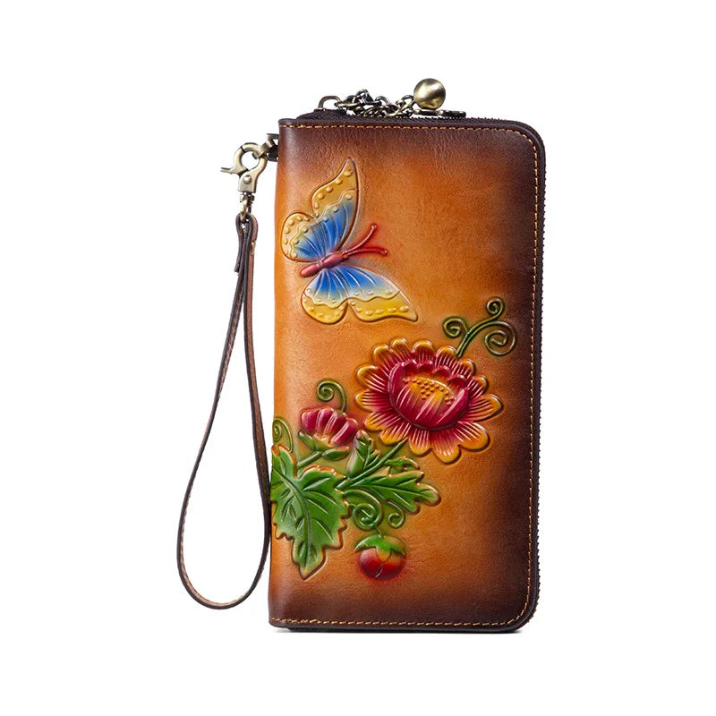 Women‘s Vintage Wallet Long Leather Money Clip Casual Top Layer Cowhide Handbag Mobile Case Women Money Bag Floral Pattern