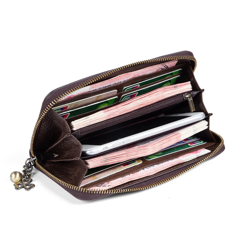 Women‘s Vintage Wallet Long Leather Money Clip Casual Top Layer Cowhide Handbag Mobile Case Women Money Bag Floral Pattern