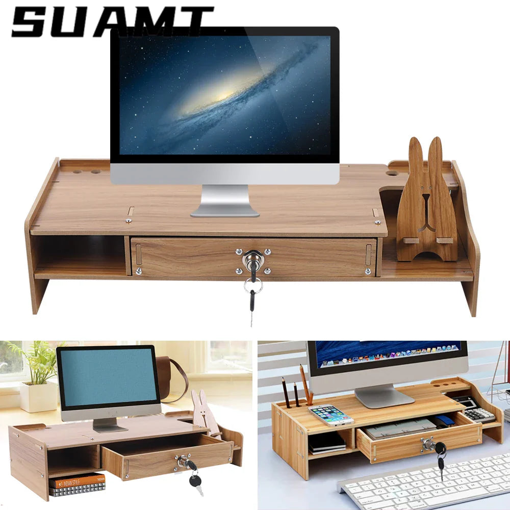 Wooden Desk Organizer W/ Drawer File Storage Monitor