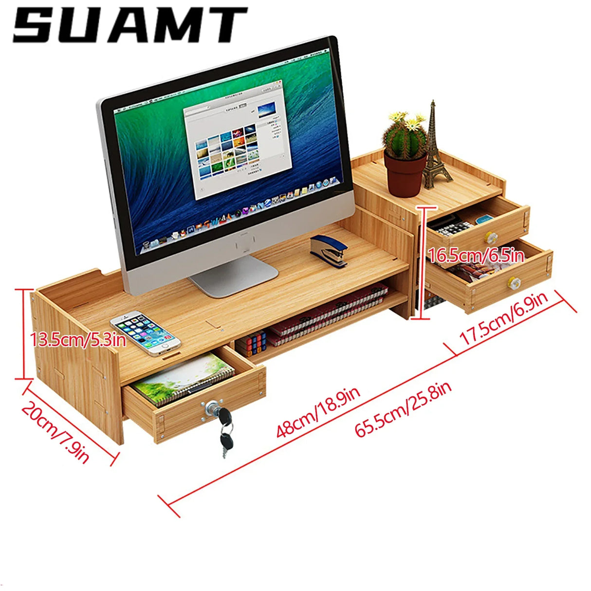 Wooden Desk Organizer W/ Drawer File Storage Monitor