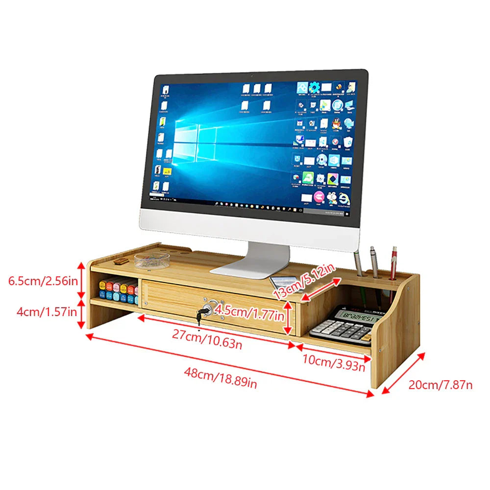 Wooden Desk Organizer W/ Drawer File Storage Monitor