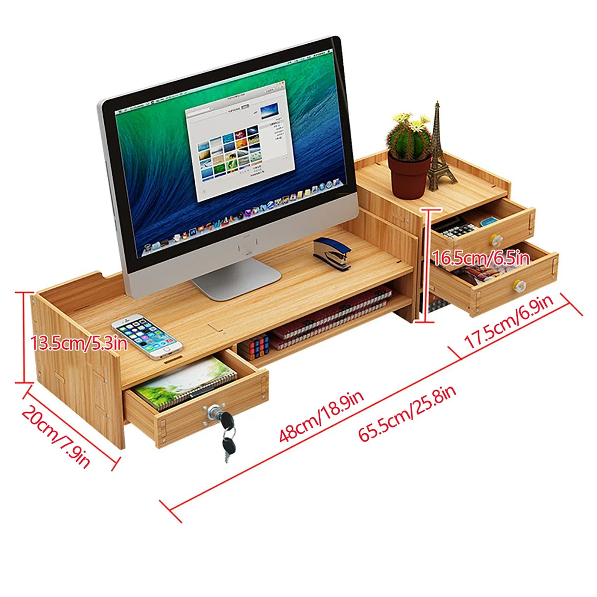 Wooden Desk Organizer W/ Drawer File Storage Monitor