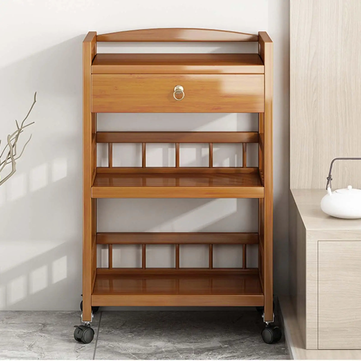 Wooden Movable Tea Table with Wheels Corner Cabinet