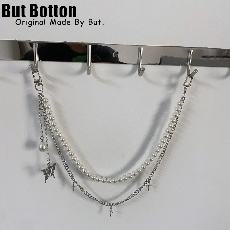 Y2K Punk Metal Cross Skeleton head Chain Pearl