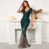 YIDINGZS Deep V Neck Green Sequin Evening Dress