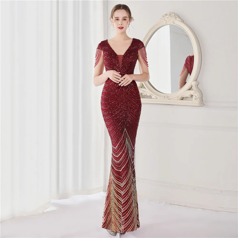 YIDINGZS Deep V Neck Green Sequin Evening Dress