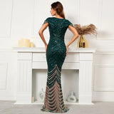 YIDINGZS Deep V Neck Green Sequin Evening Dress