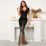 YIDINGZS Deep V Neck Green Sequin Evening Dress