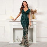 YIDINGZS Deep V Neck Green Sequin Evening Dress