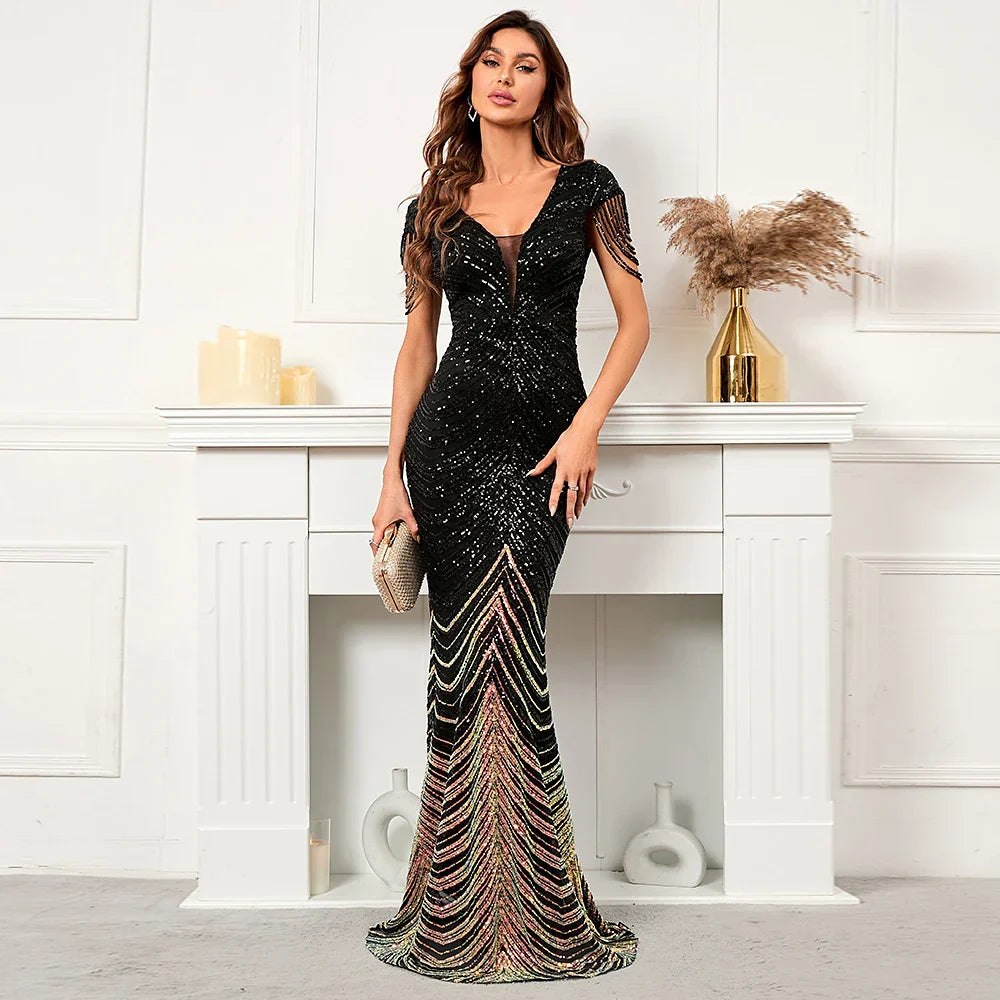 YIDINGZS Deep V Neck Green Sequin Evening Dress