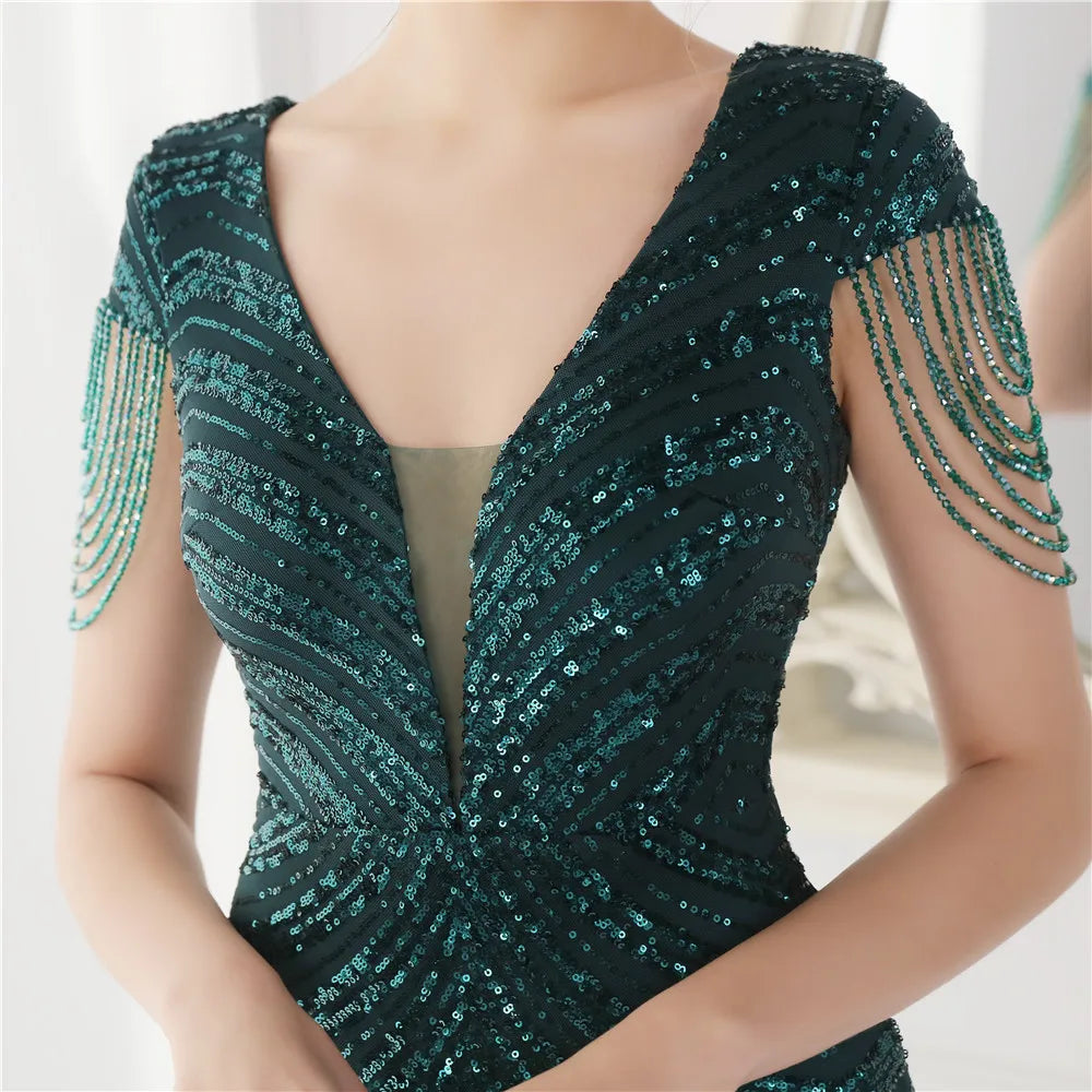 YIDINGZS Deep V Neck Green Sequin Evening Dress
