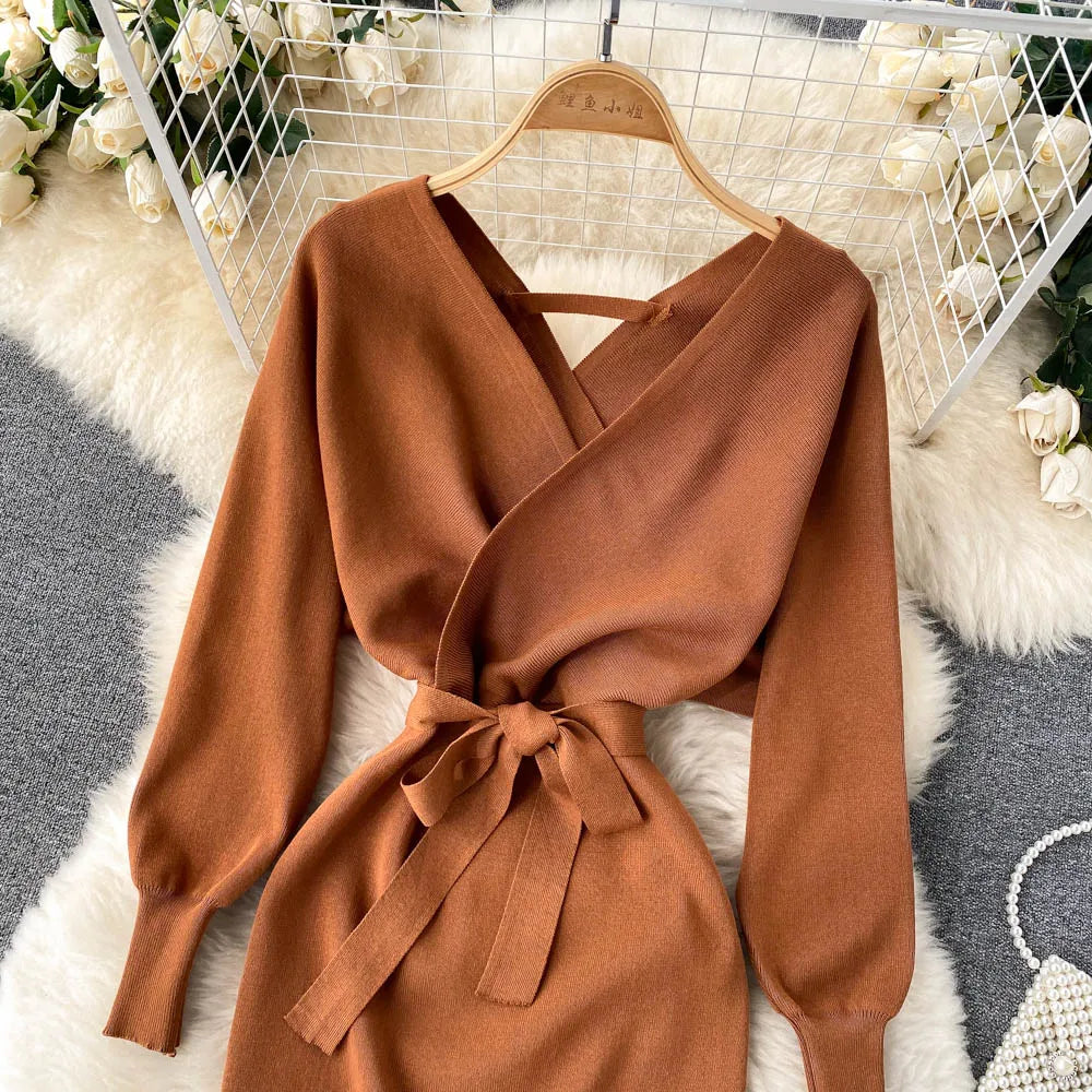 YuooMuoo Autumn Winter Women Knitted Sweater Dress Solid