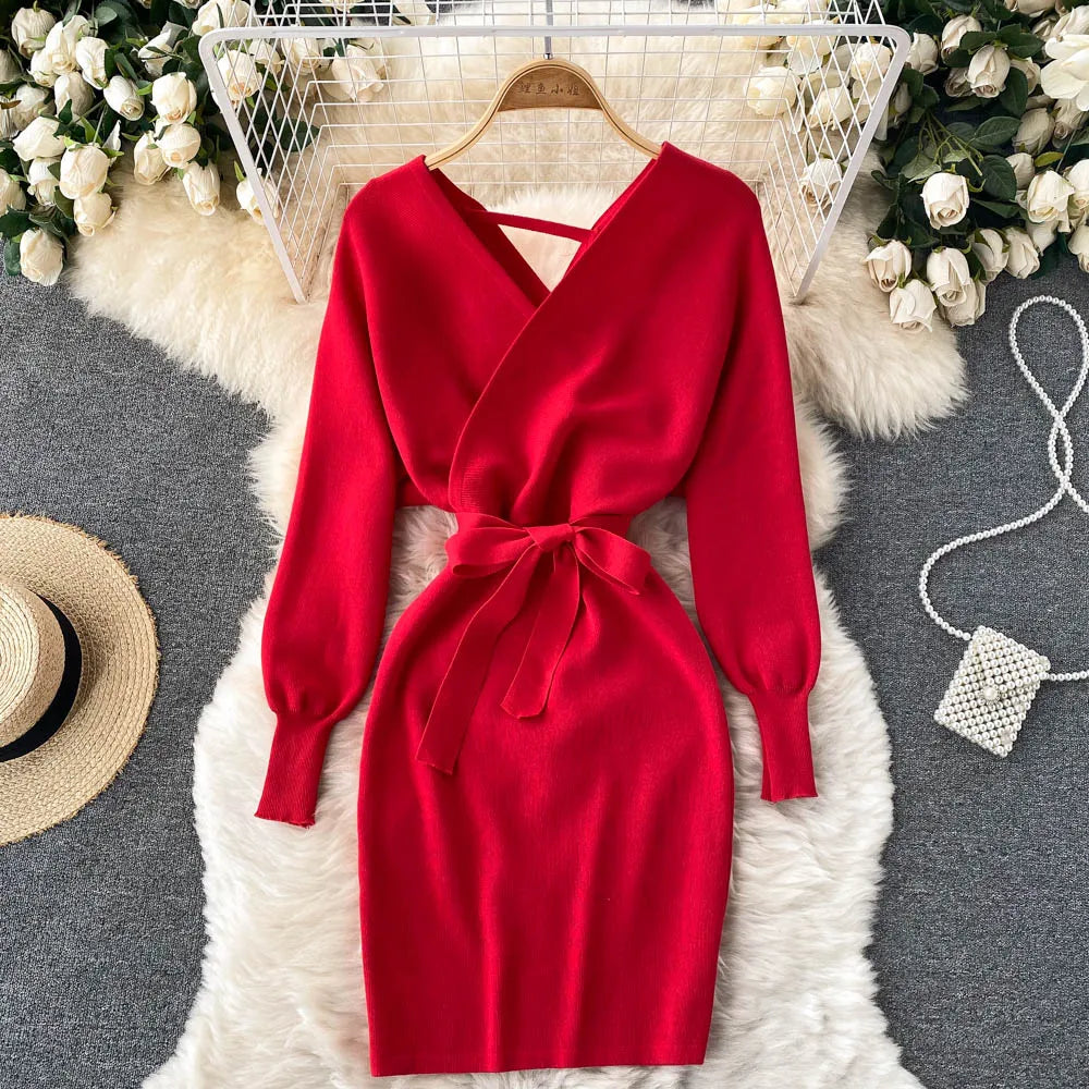 YuooMuoo Autumn Winter Women Knitted Sweater Dress Solid