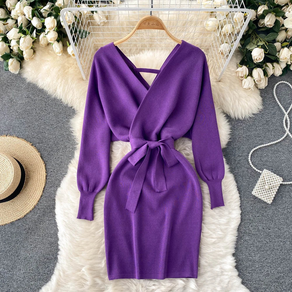 YuooMuoo Autumn Winter Women Knitted Sweater Dress Solid