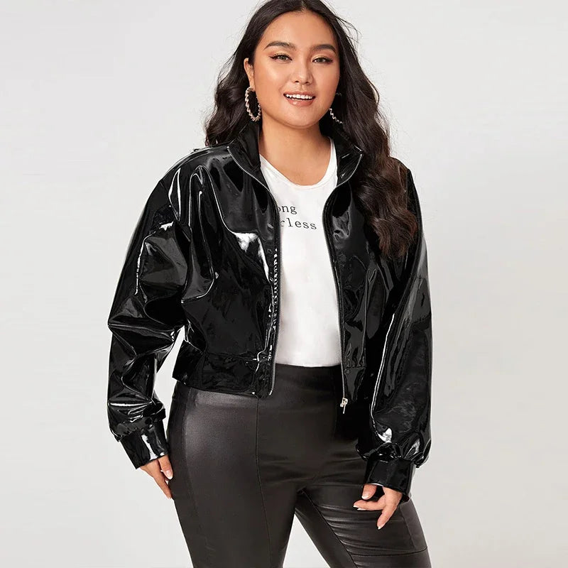 Zip Up Patent Leather Jacket for Women Long