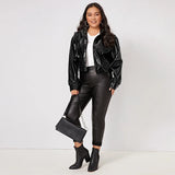 Zip Up Patent Leather Jacket for Women Long