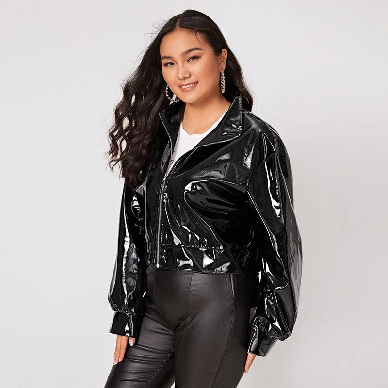 Zip Up Patent Leather Jacket for Women Long