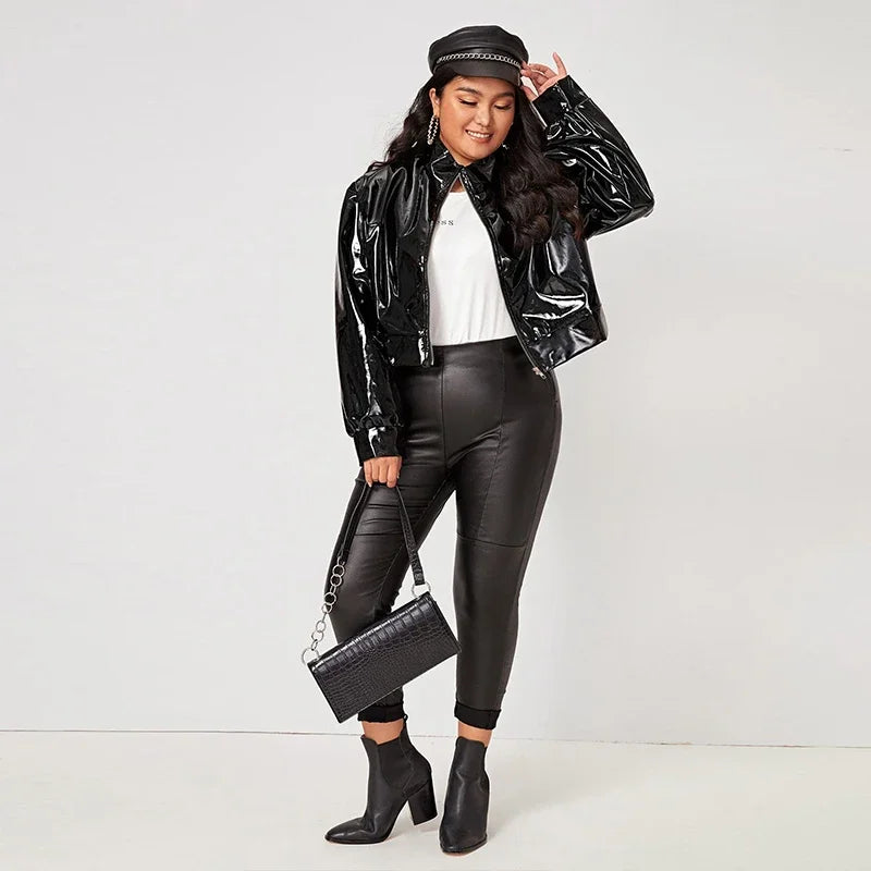 Zip Up Patent Leather Jacket for Women Long