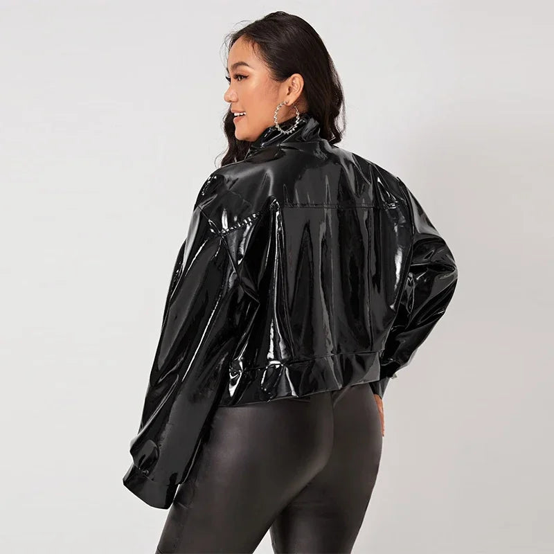 Zip Up Patent Leather Jacket for Women Long